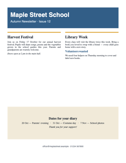Example PDF produced by PubRescue: a school newsletter with a coloured banner, two columns of text and a highlighted box